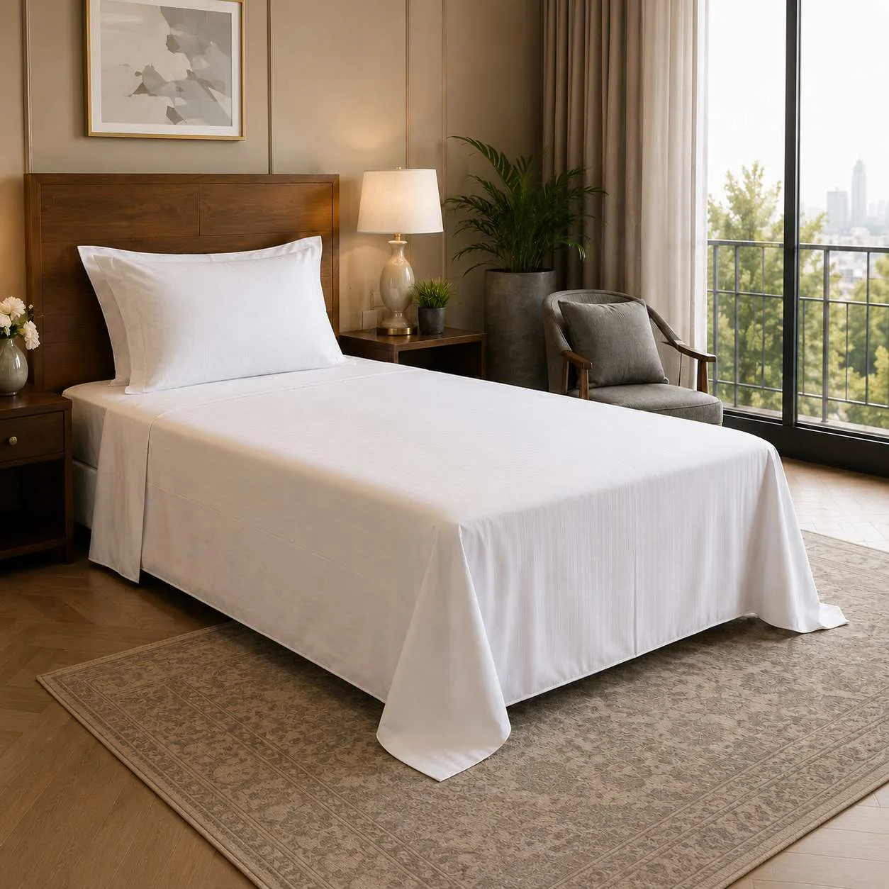 Otel Tek Kişilik Çarşaf 180x280 cm - 93 Tel Çizgili/Düz Pamuk-Polyester