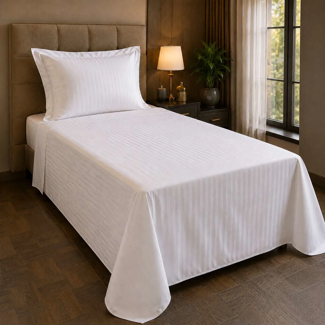 Otel Tek Kişilik Çarşaf 180x260 cm - 83 Tel 40/1 İp Çizgili/Düz Pamuklu