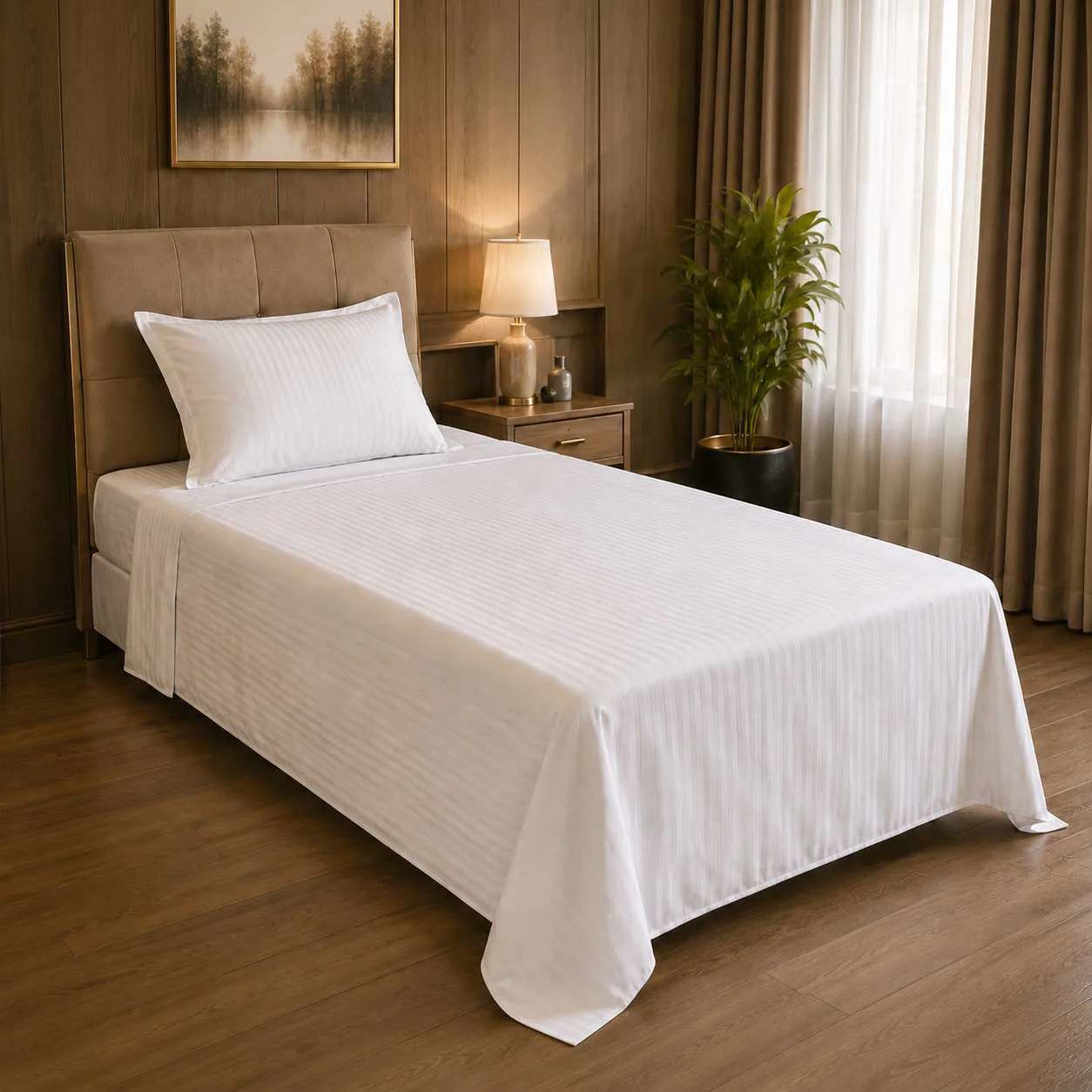 Otel Tek Kişilik Çarşaf 180x260 cm - 93 Tel Çizgili/Düz Pamuk-Polyester
