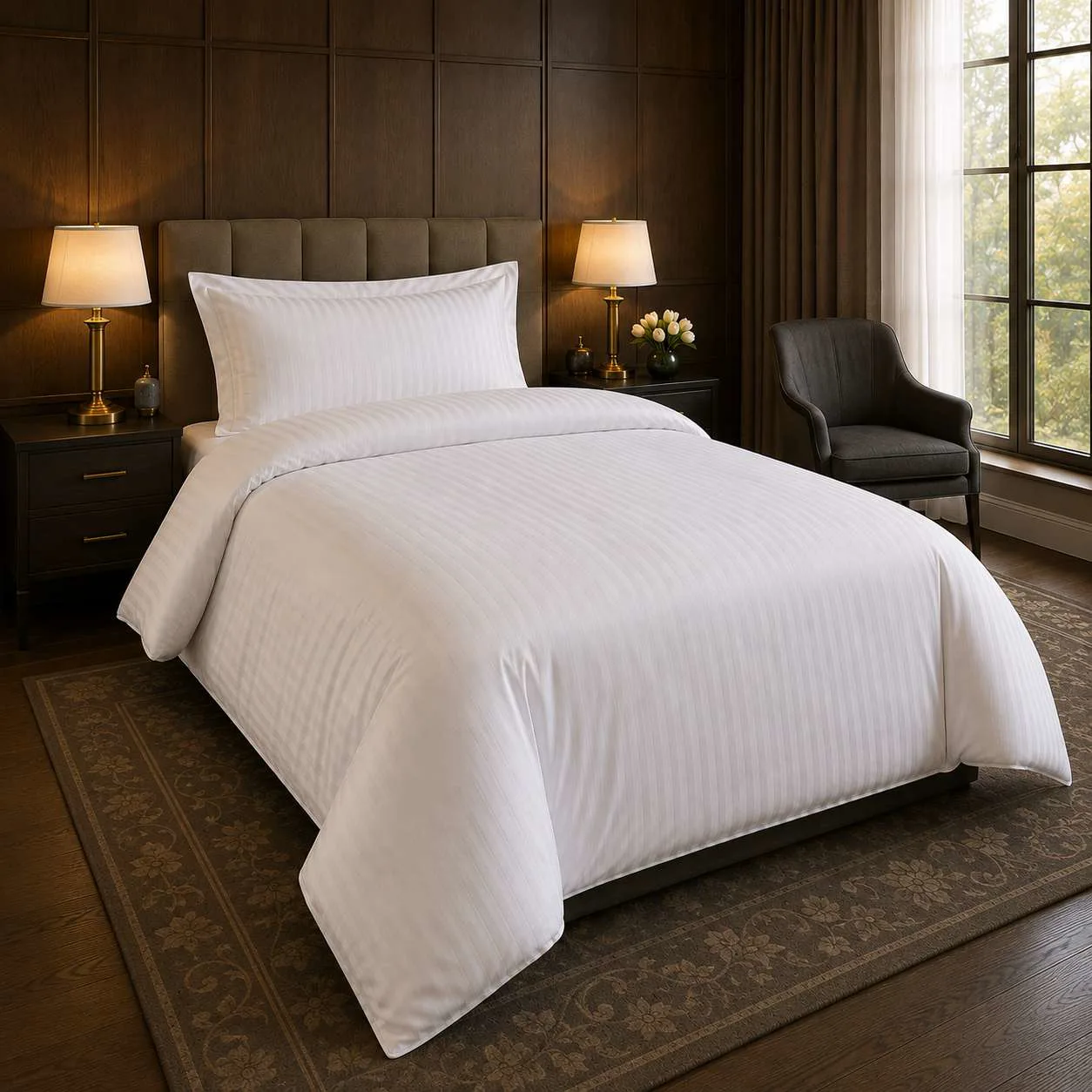 Otel Tek Kişilik Nevresim 160x230 cm - 83 Tel 40/1 İp Çizgili/Düz Pamuklu